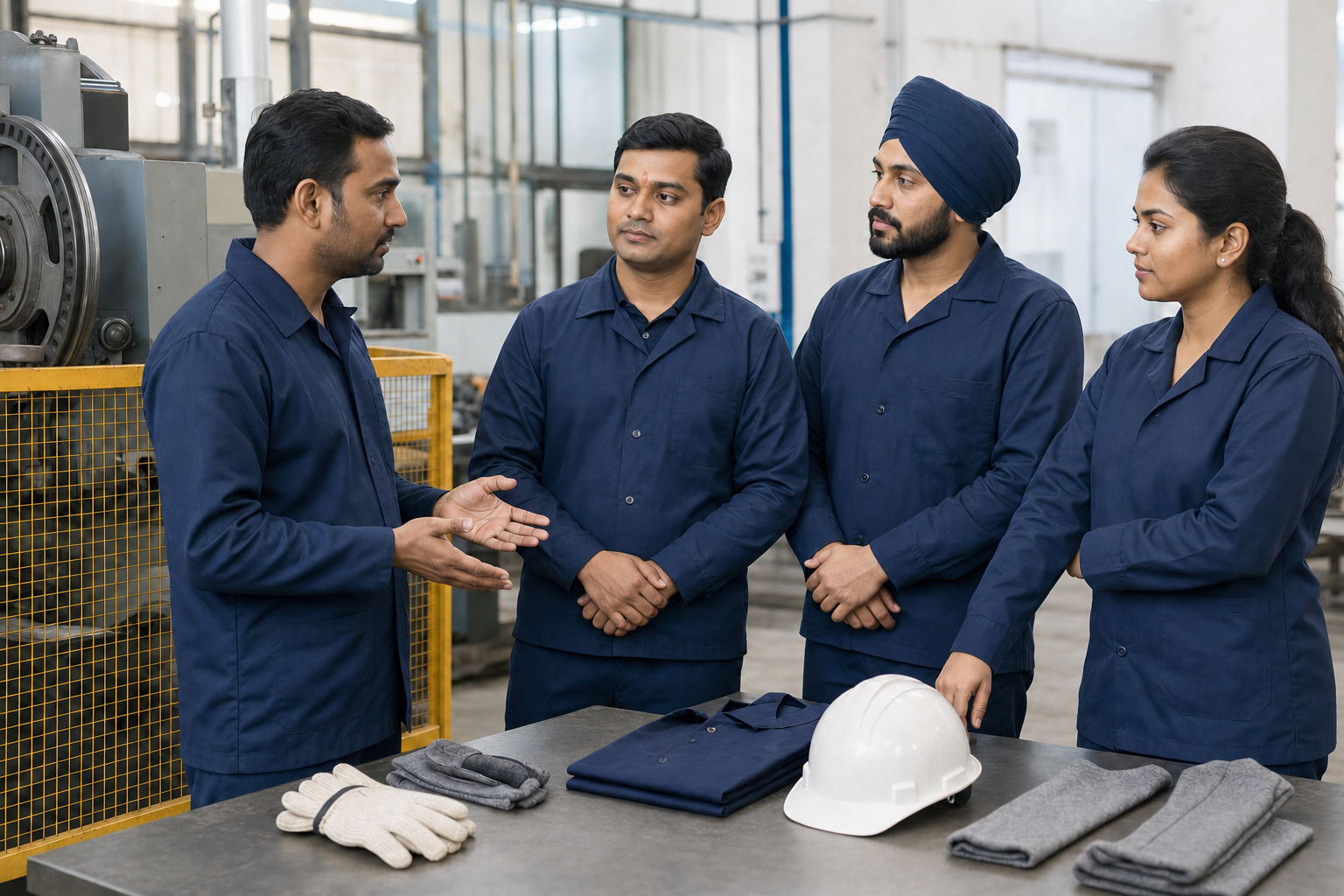 A safety specialist and Indian employees examine machinery and protective uniform options for securely accommodating religious clothing and symbols.