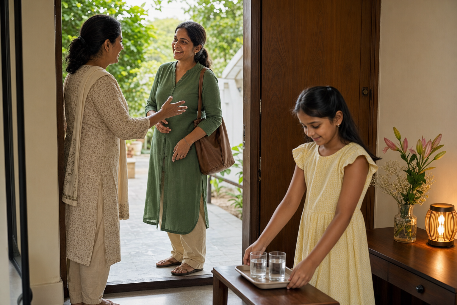 A host welcomes a guest at an open household doorway as a child places water cups on a nearby table.