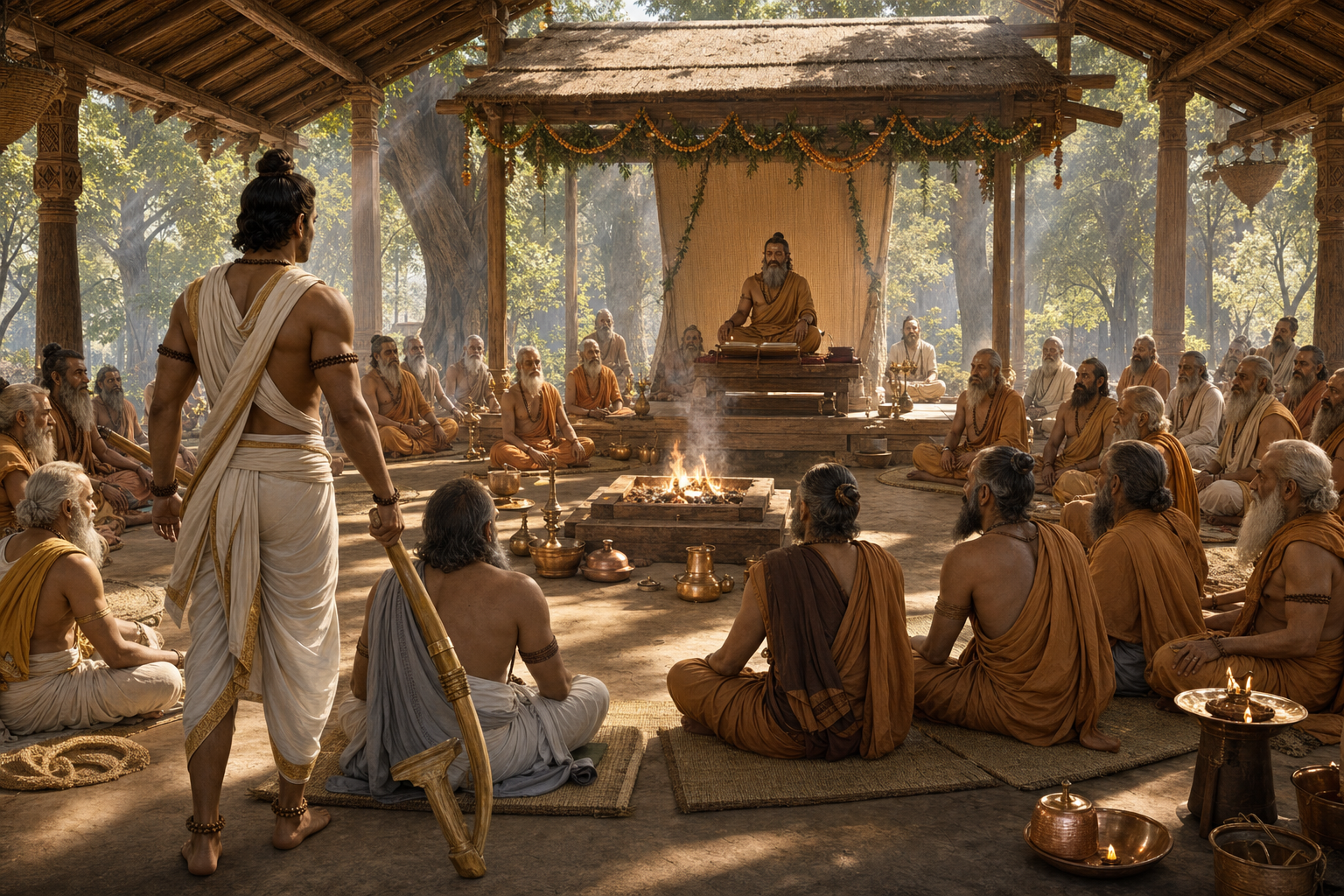 Romaharshana sits on a raised teaching seat with manuscripts while Balarama stands before rows of sages seated around a sacrificial fire.