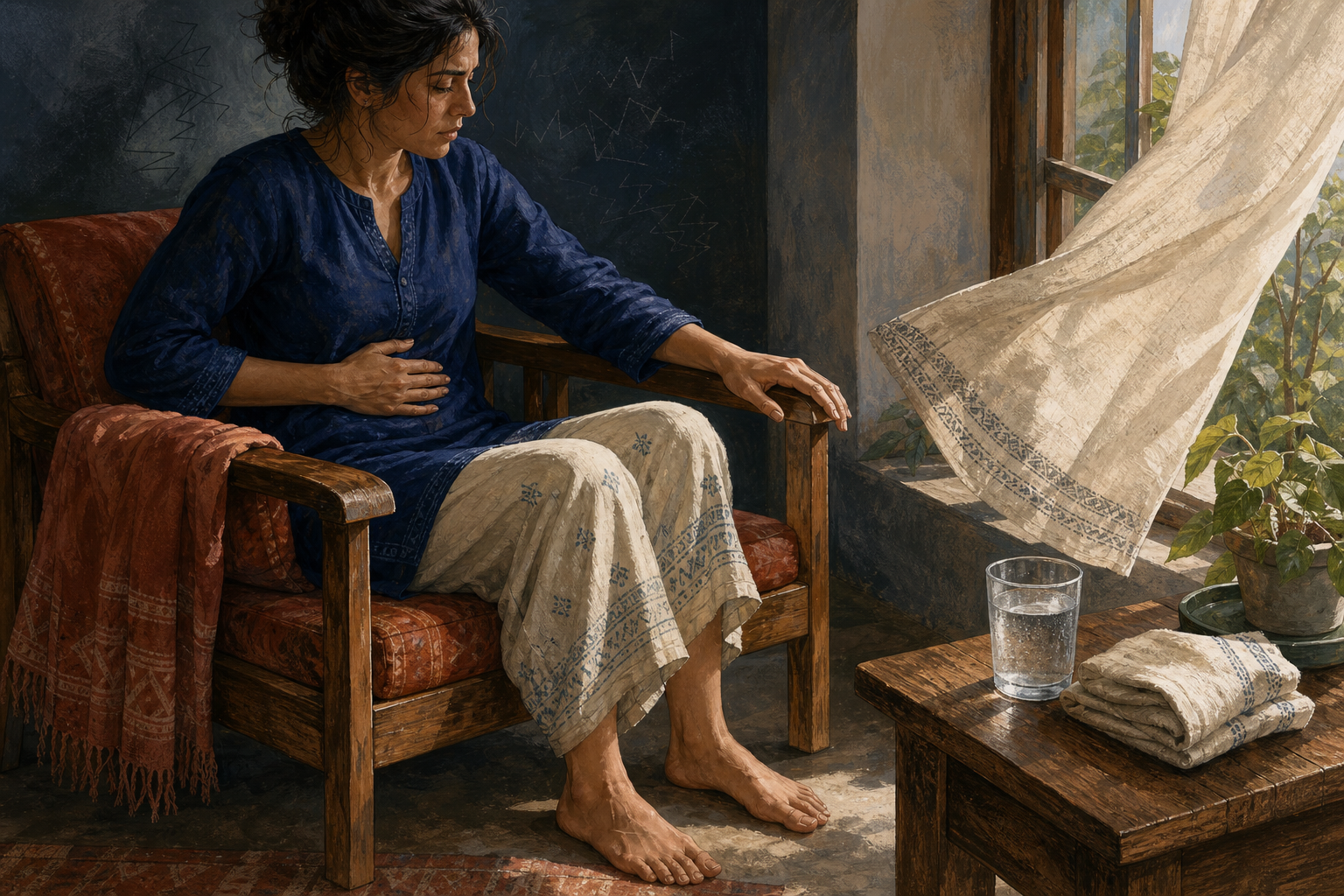 A seated person grounds their feet, touches the arm of a chair, and rests a hand on their ribs beside a glass of water and an open window.