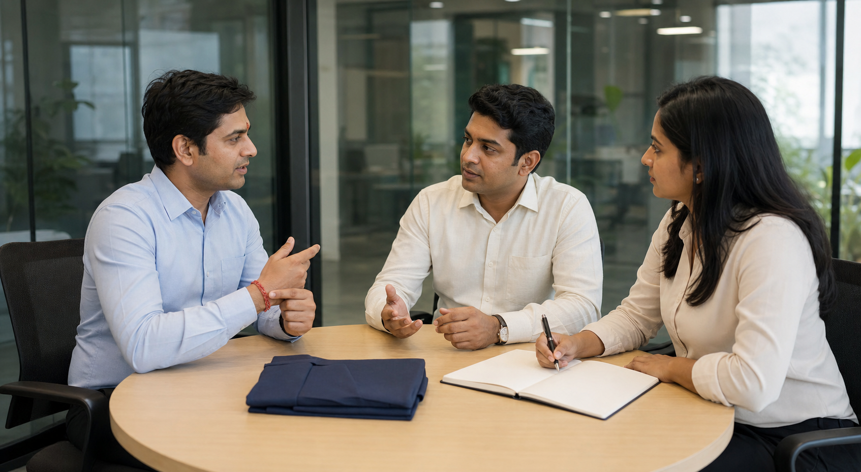 An employee wearing a tilak and kalava discusses a uniform concern with a supervisor and HR representative in a private office meeting.