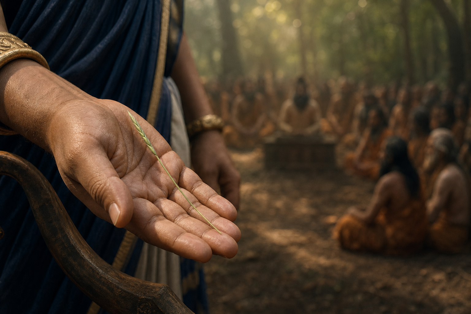 Balarama holds a single blade of kusa grass in his open hand while the assembly at Naimisharanya remains out of focus behind him.