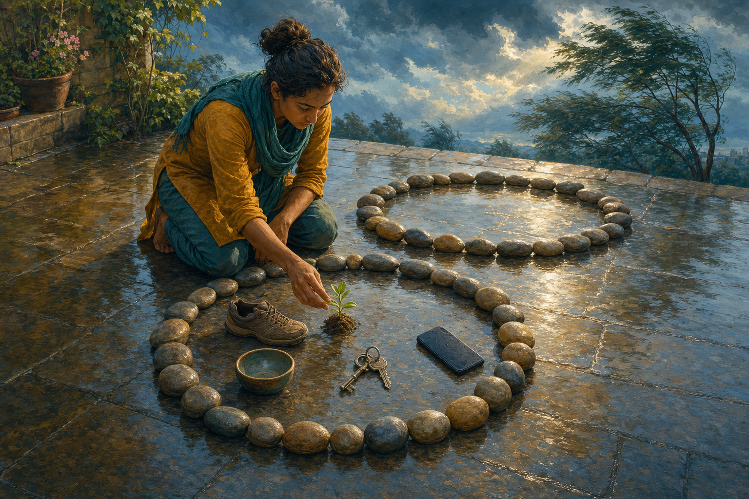 A person arranges a key, shoe, bowl, seedling, and face-down phone inside a ring of stones while wind moves trees beyond it.