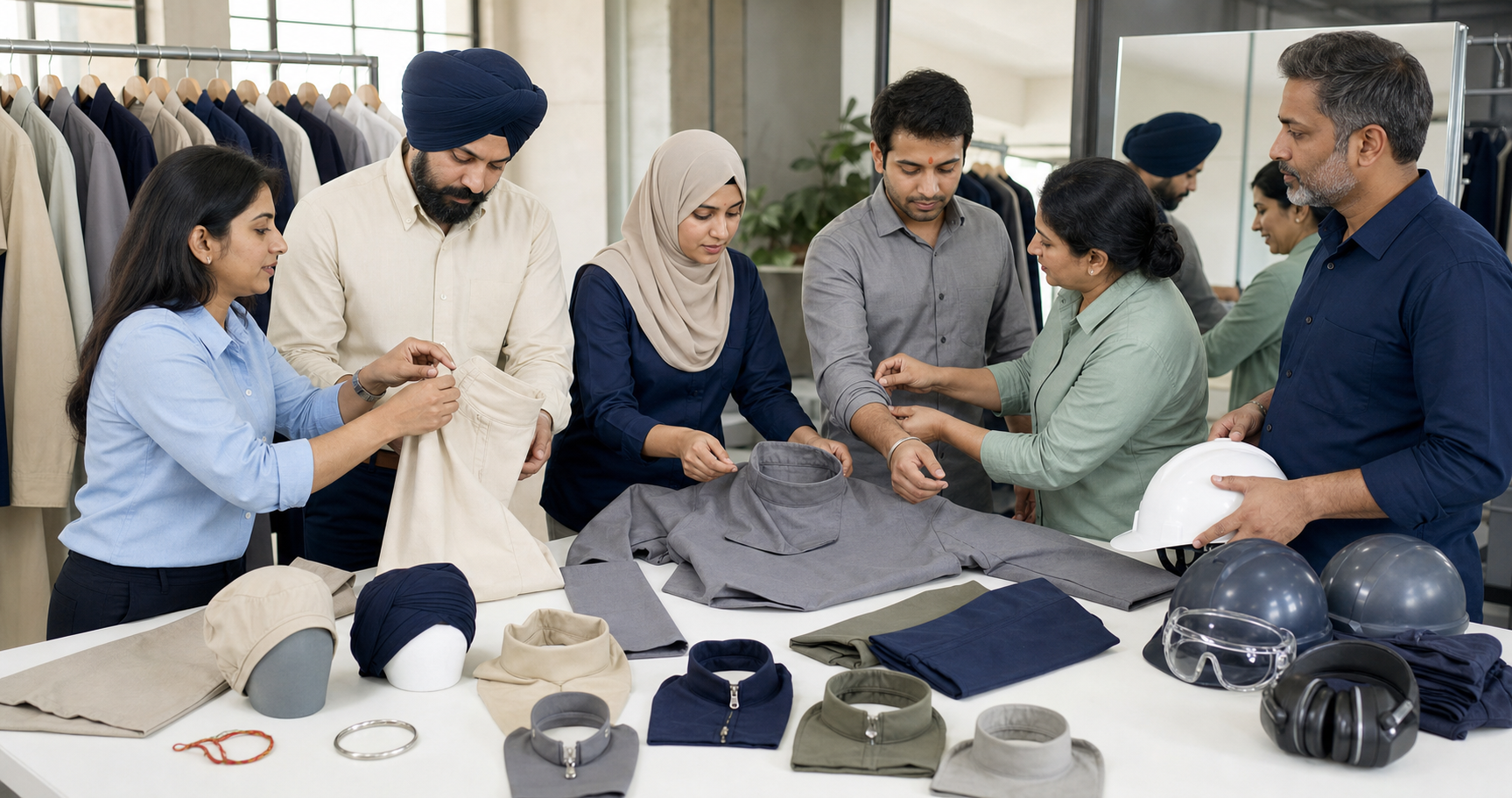 HR staff, a safety officer, and diverse Indian employees evaluate adjustable uniforms, religious head coverings, sleeve options, and protective equipment at a fitting workshop.