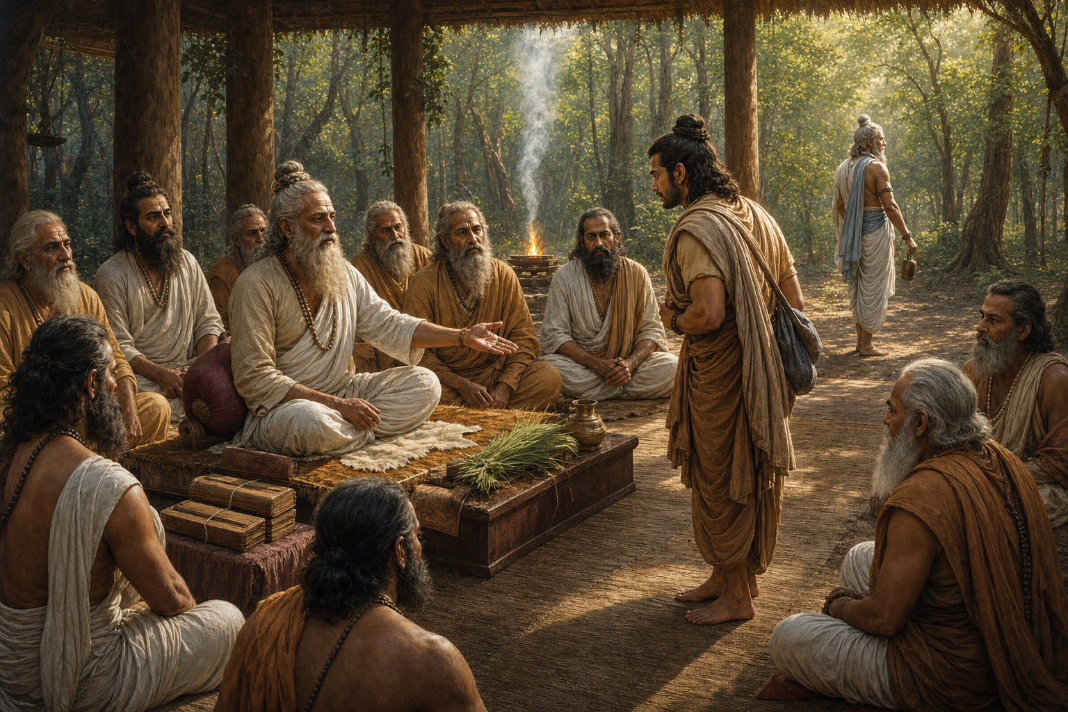 Elder sages welcome Ugrasrava toward the teacher's seat at Naimisharanya as Balarama stands quietly at the edge of the pavilion.
