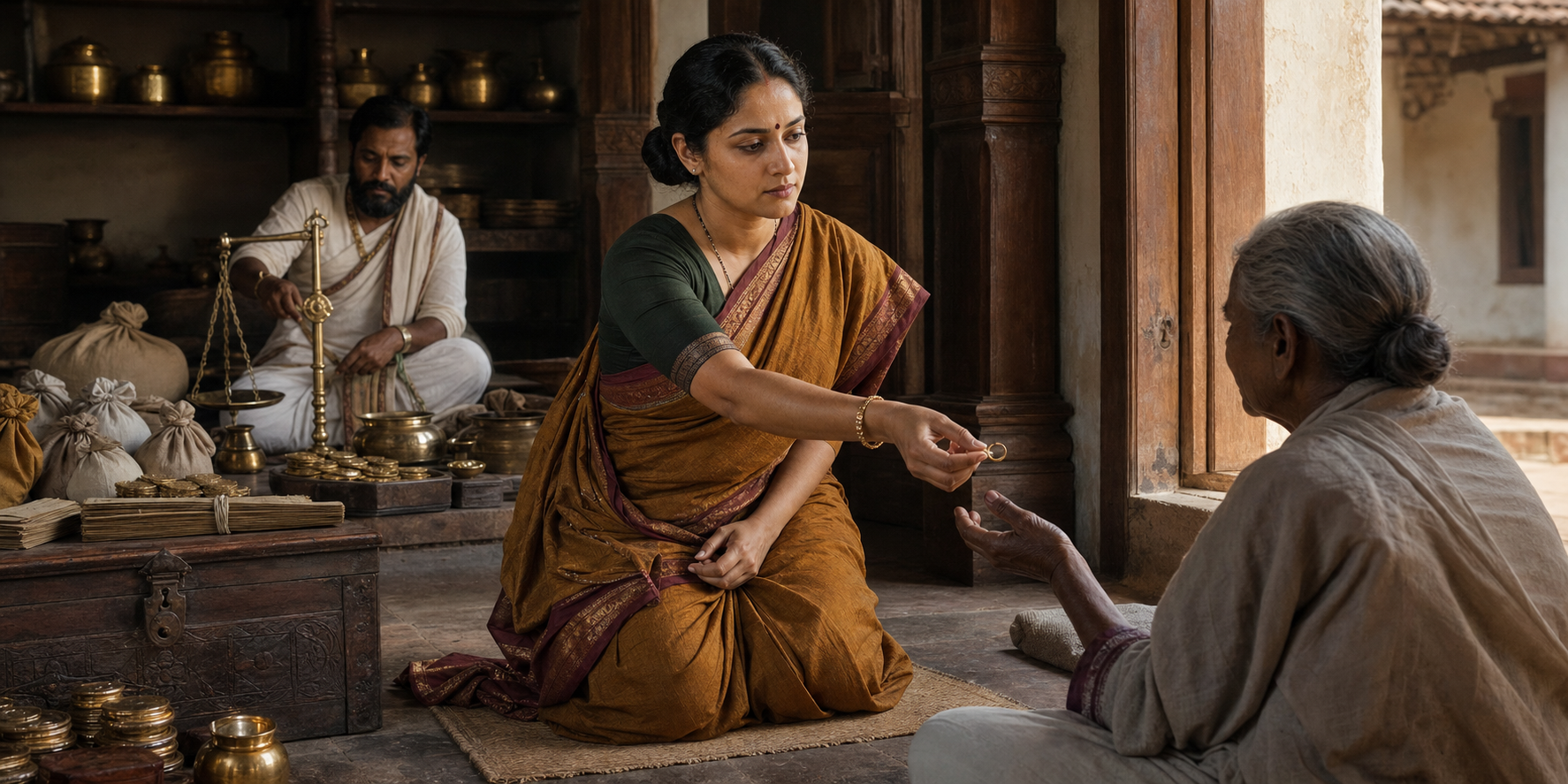 Saraswati Bai removes her gold nose ring and offers it to an elderly supplicant while Srinivasa Nayaka sits near coins and balance scales in the background.