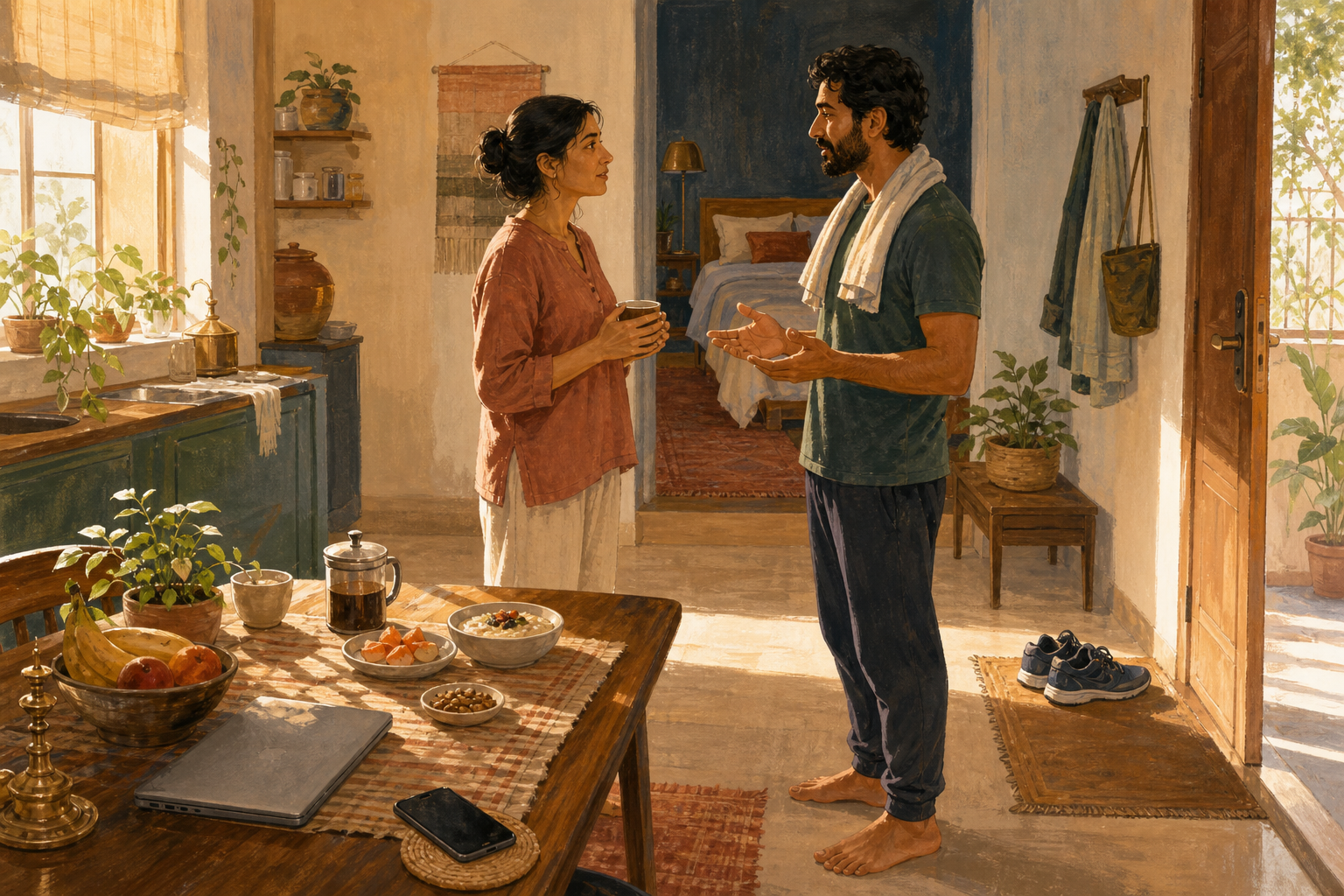 Two adults share a calm conversation in a sunlit home with breakfast, walking shoes, a closed laptop, and a phone placed face down nearby.