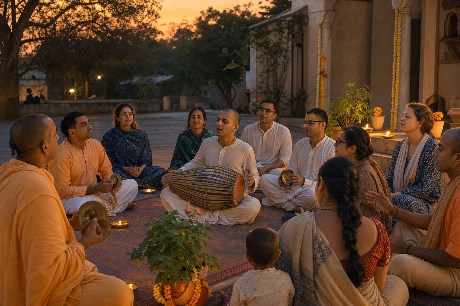 Gaudiya Vaishnava practitioners of varied ages gather in a courtyard for evening kirtana with a mridanga and hand cymbals.