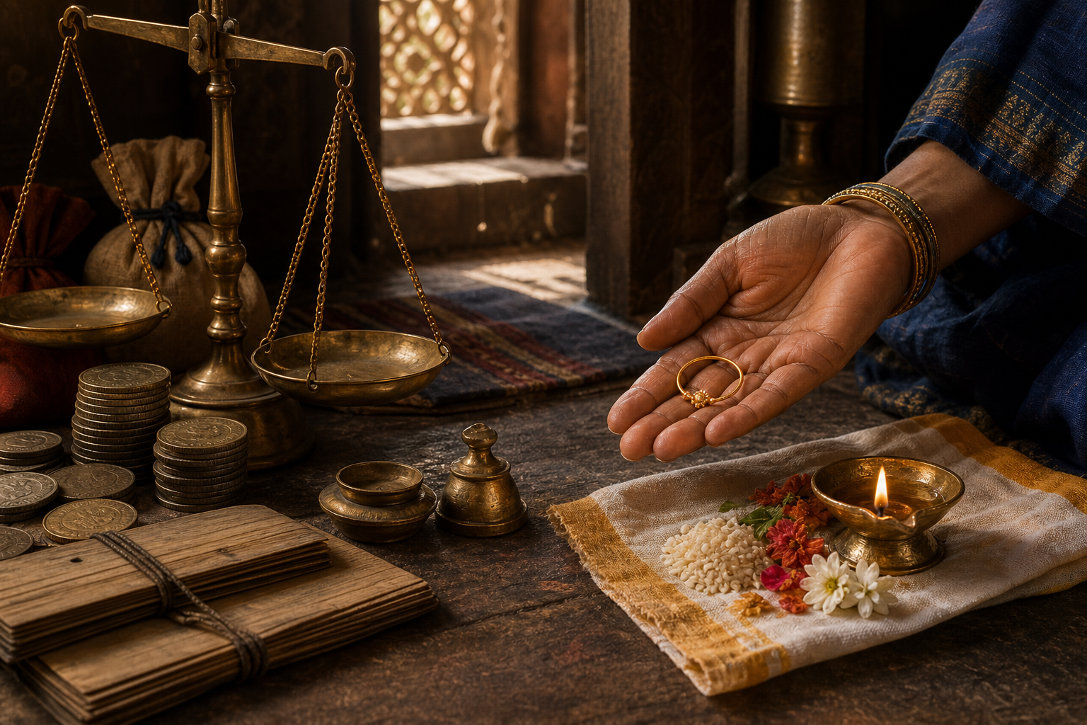 Saraswati Bai kneels in prayer beside a brass cup in which a gold nose ring is visible, illuminated by a narrow beam of dawn light.
