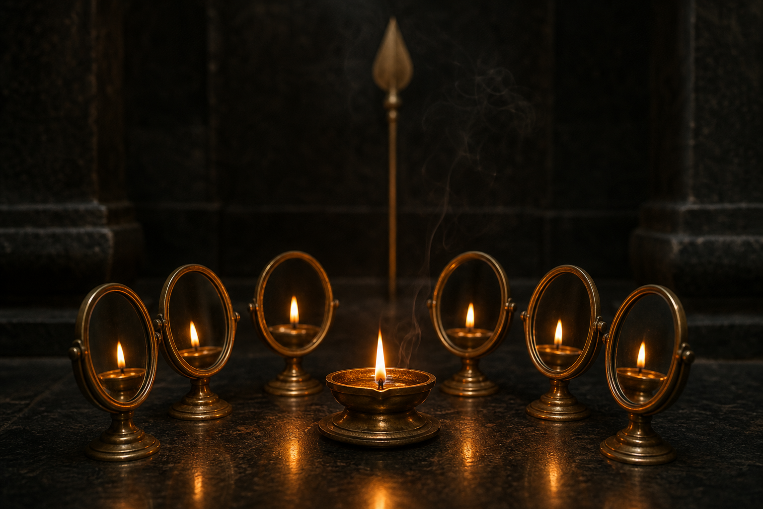A single brass oil lamp casts six connected beams of light across a dark temple floor.