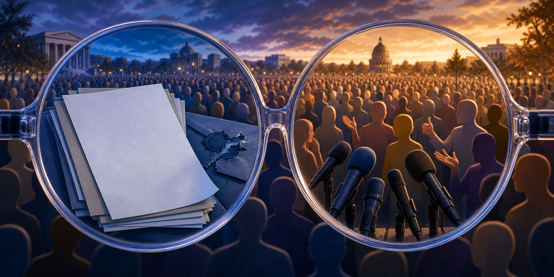 Two transparent lenses focus on different parts of a protest, one highlighting examination evidence and the other the wider political response.