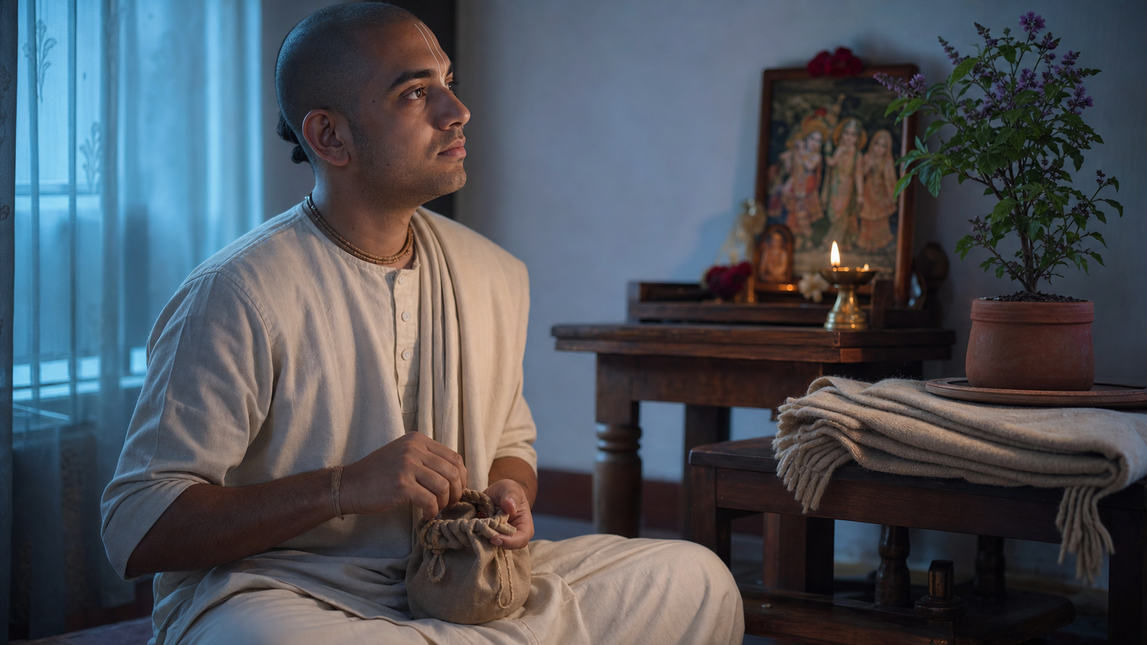 A practitioner chants quietly on prayer beads beside a small home altar and a flowering tulasi plant at dawn.