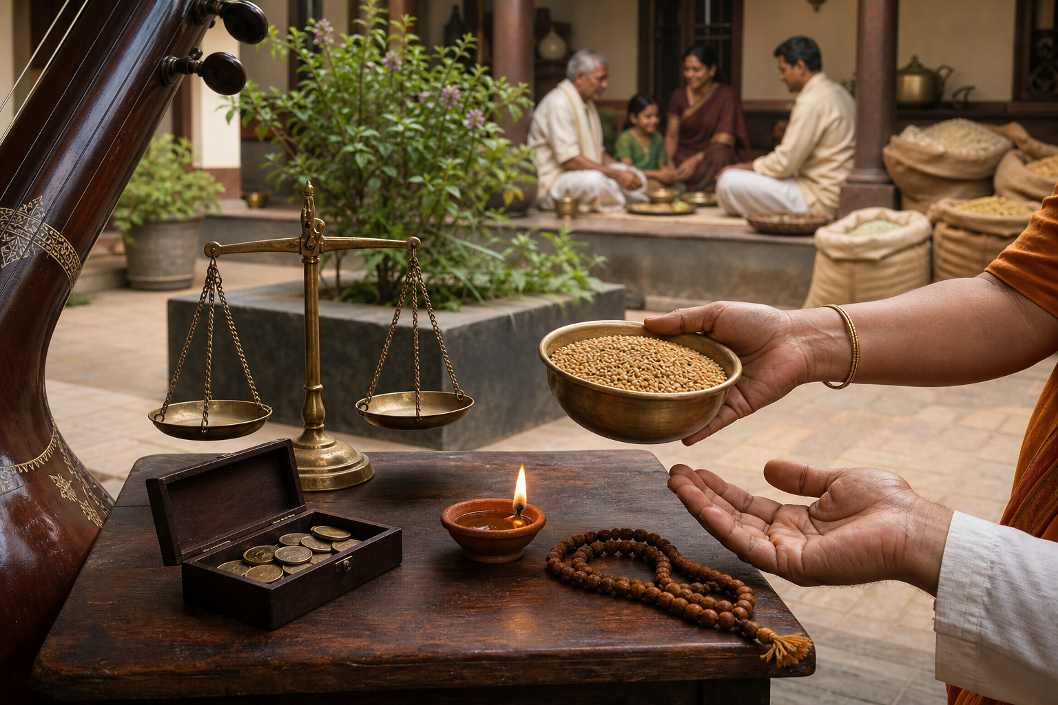A hand shares a bowl of grain beside a balanced scale, coin box, oil lamp, prayer beads, and tanpura in a well-kept household courtyard.