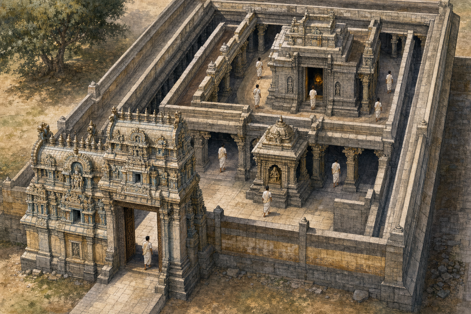 Cutaway view of devotees entering a South Indian temple, crossing courtyards and halls, circling the sanctum, and approaching its lamp-lit doorway.