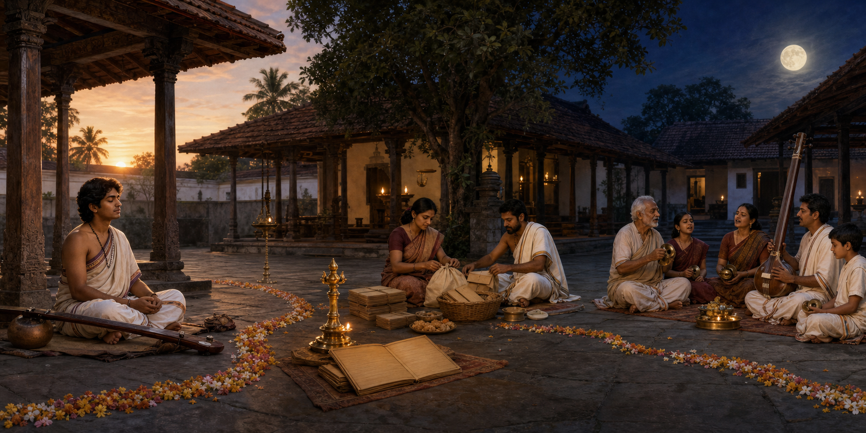 A continuous Indian courtyard scene shows vocal practice, manuscript study and community service, and a multigenerational devotional singing circle beneath a full moon.