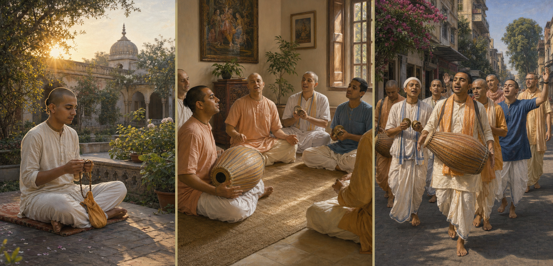 Three scenes show quiet japa practice, an indoor kirtana circle, and an outdoor harinama procession.