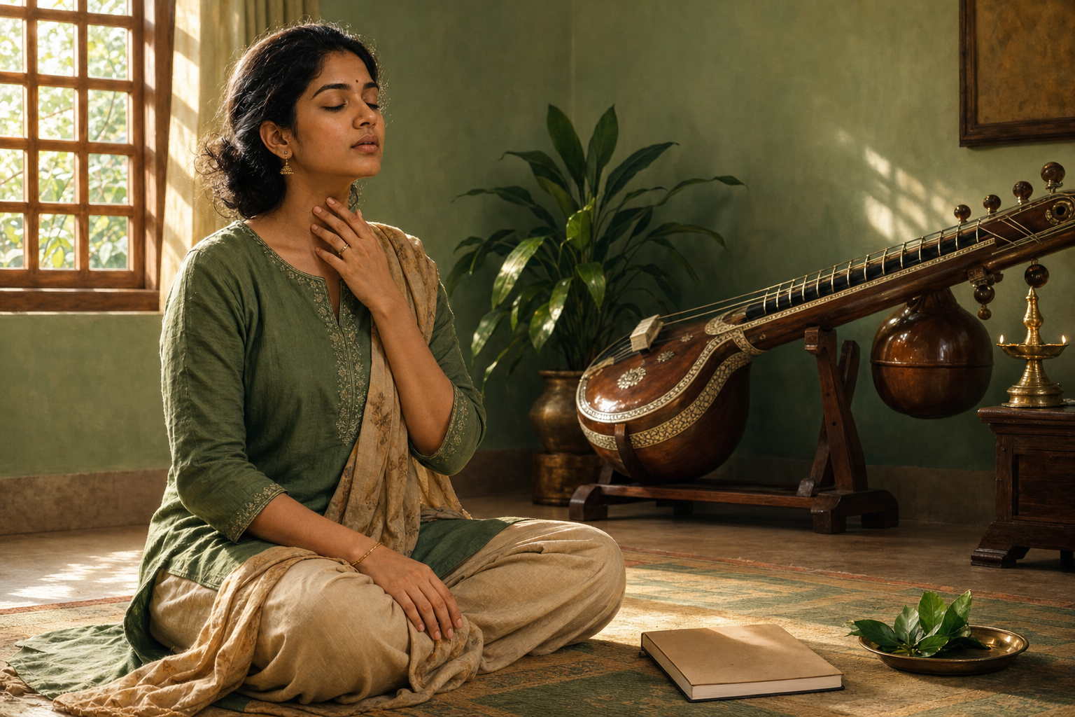 A woman pauses before morning vocal practice in a quiet room with a traditional string instrument, brass lamp, and unmarked notebook.