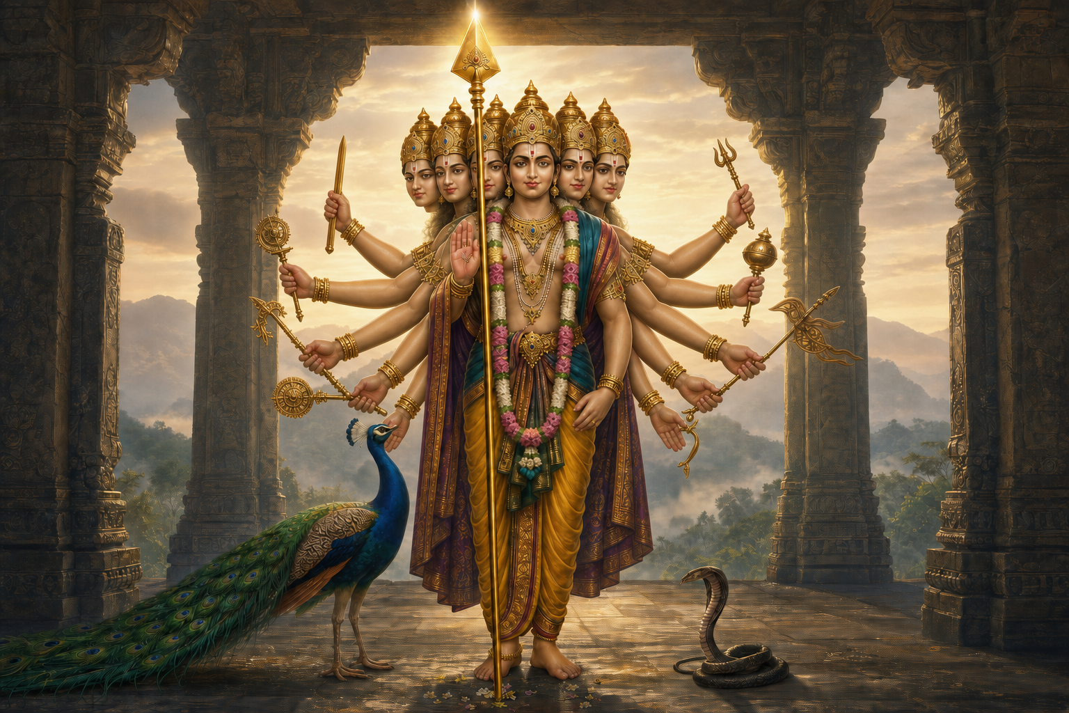 Six-faced, twelve-armed Murugan holds a golden Vel while a peacock stands near a subdued serpent in an open stone pavilion.