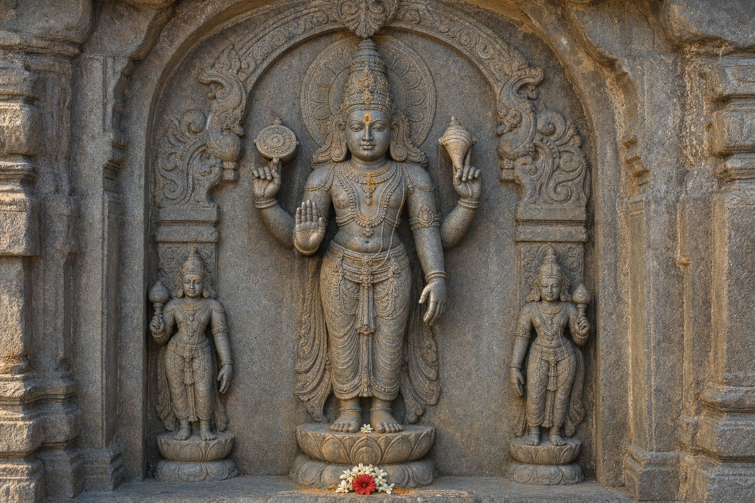 Granite temple niche with a four-armed standing Vishnu holding a discus and conch, flanked by attendants beneath a carved arch.