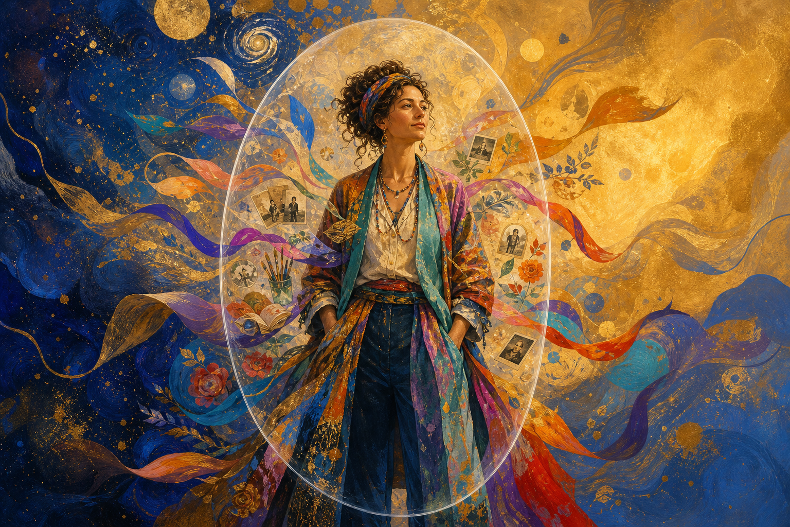 A colorfully dressed person stands inside a close translucent boundary while ribbons of color continue into a much larger luminous space.