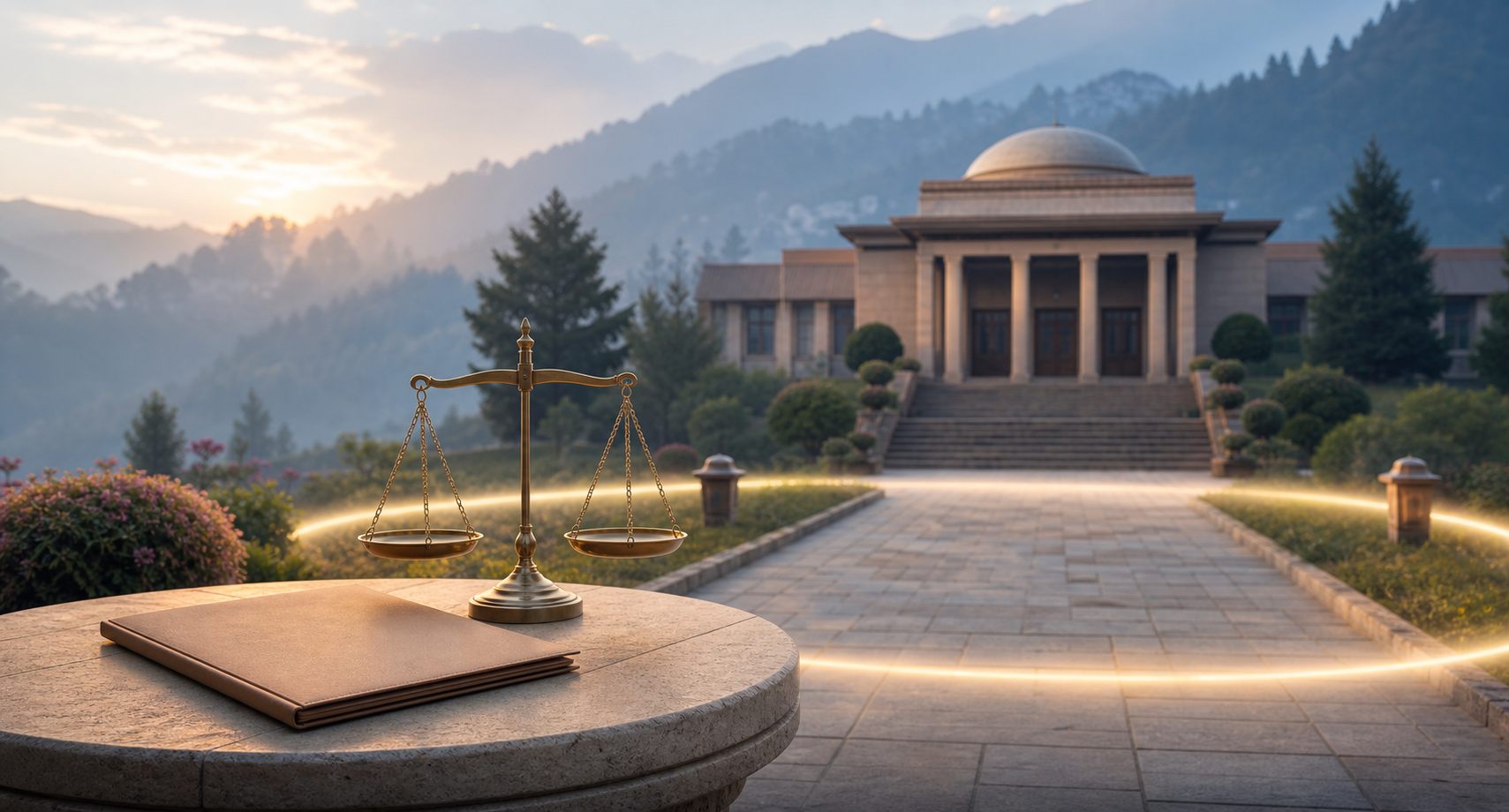 A courthouse pathway in a Himalayan hill district, with a closed case file and balanced scales in the foreground under calm morning light.
