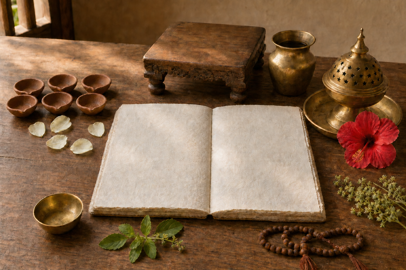 An unmarked paper planner surrounded by clay lamps, flower petals, prayer beads, tulsi leaves, mango blossoms, and brass ritual objects on a wooden desk.