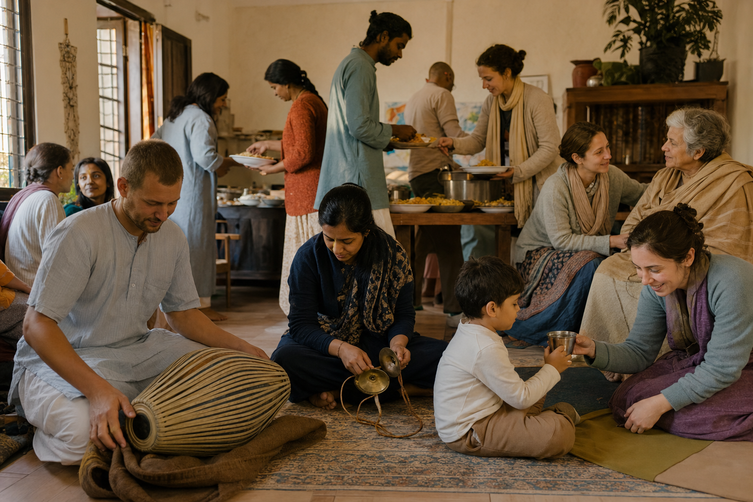 Members of a chanting circle put away instruments, serve a vegetarian meal, help a child, and speak with an elder after gathering.