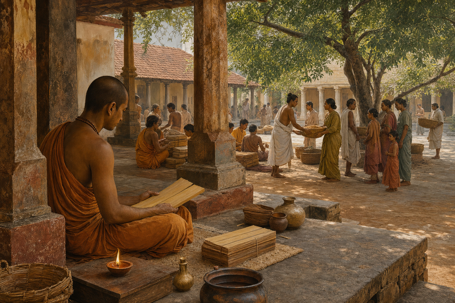 A robed scholar studies a palm-leaf manuscript while students and householders preserve books and distribute grain in a shaded courtyard.