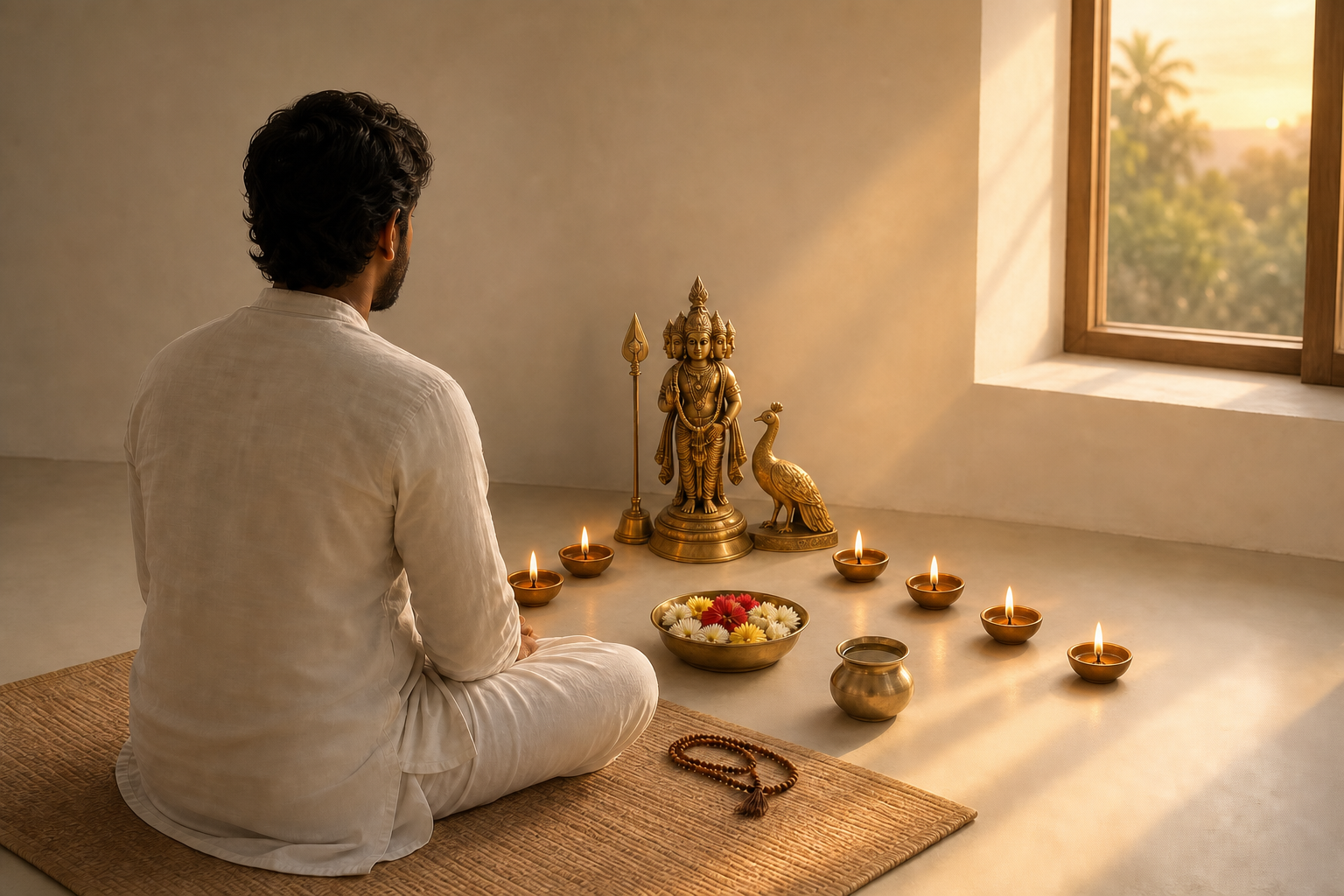 A seated devotee faces a small Murugan shrine surrounded by six lit oil lamps at sunrise.