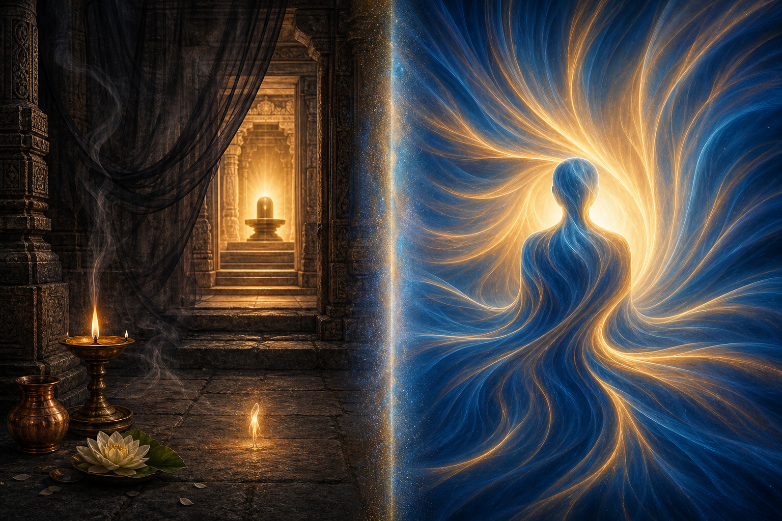 A diptych shows a small ember behind a veil near a temple sanctum on one side and a continuous field of light folding into a bounded human form on the other.