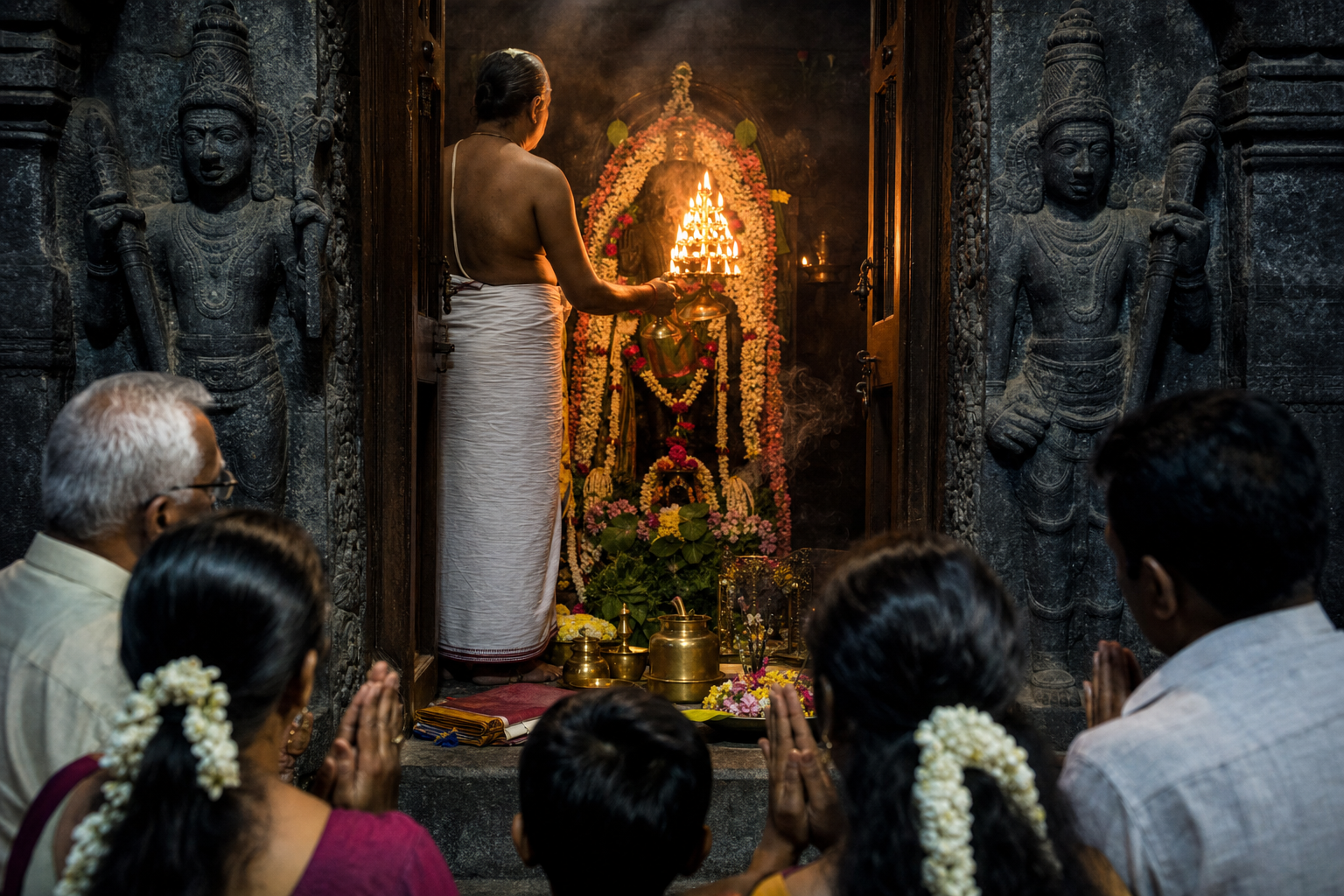 Devotees watch from a temple threshold as a priest offers a many-flamed lamp before a garlanded stone deity in a dark sanctum.