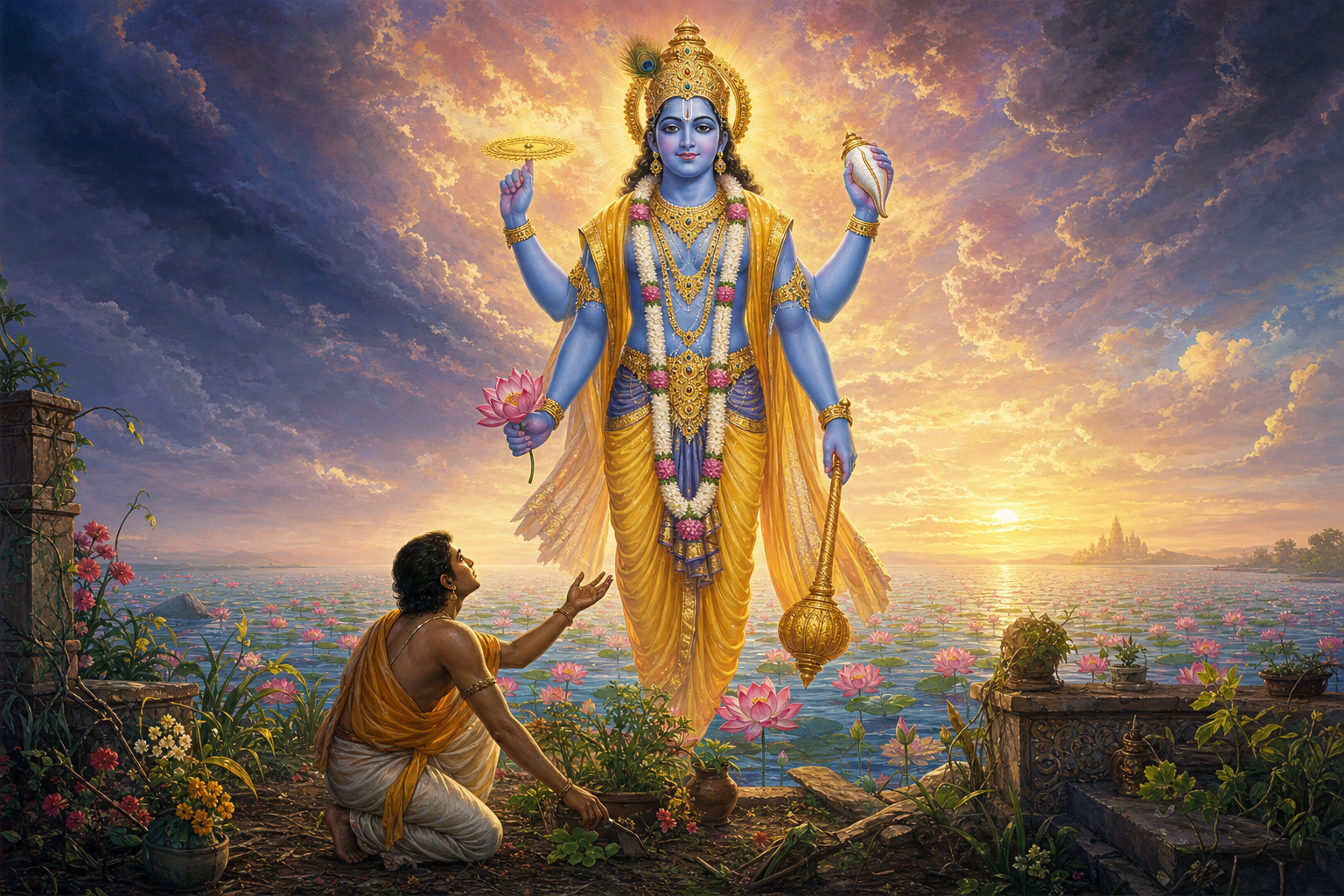 Lord Vishnu appears above a lotus-filled ocean while a praying devotee tends a storm-damaged garden below.