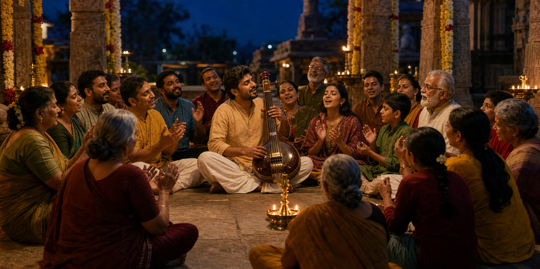 Adults and children sit in a circle singing devotional music with a long-necked string instrument, hand cymbals, and brass lamps in a temple courtyard.