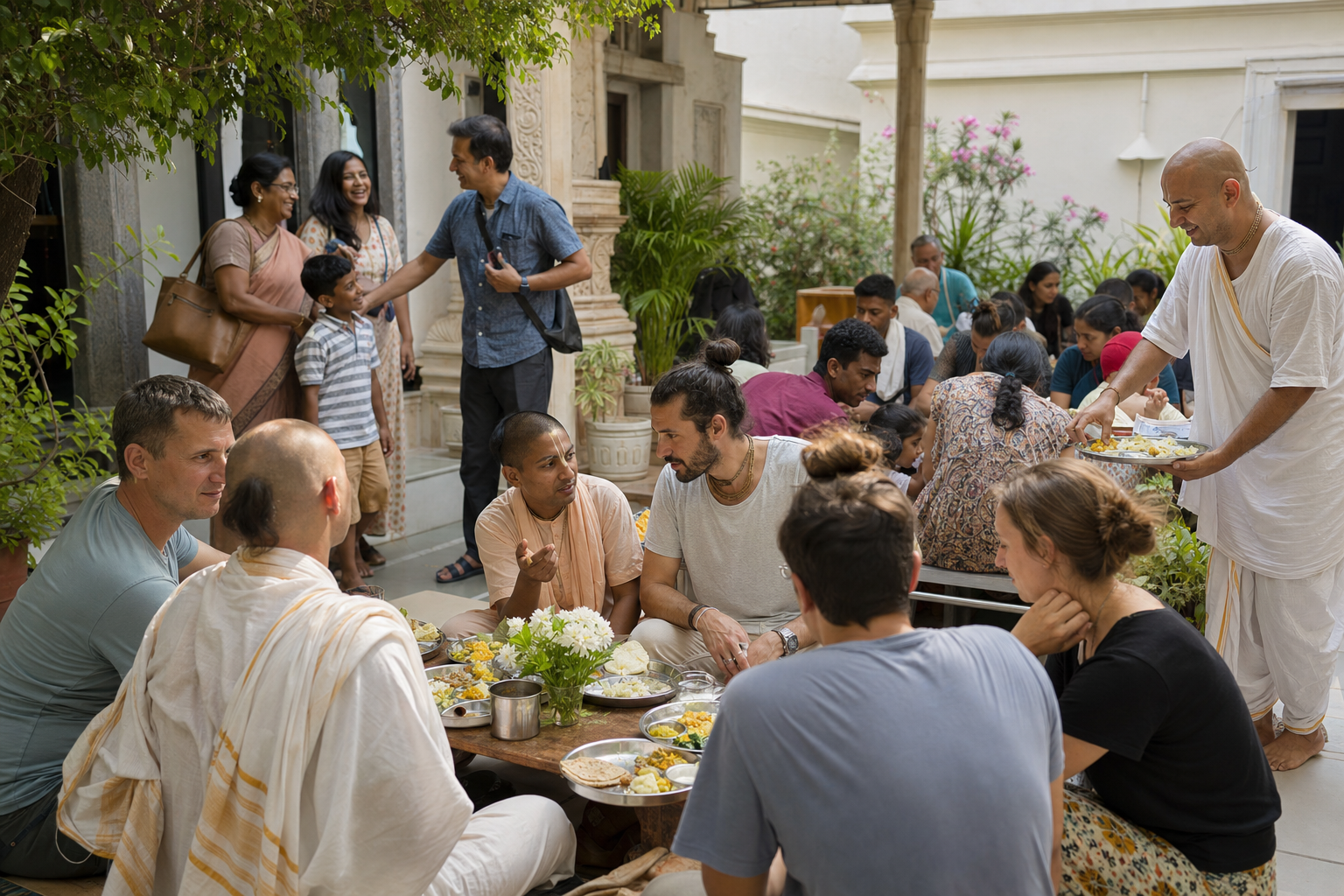 Devotees and visitors in varied clothing share a vegetarian community meal and conversation in a temple courtyard.