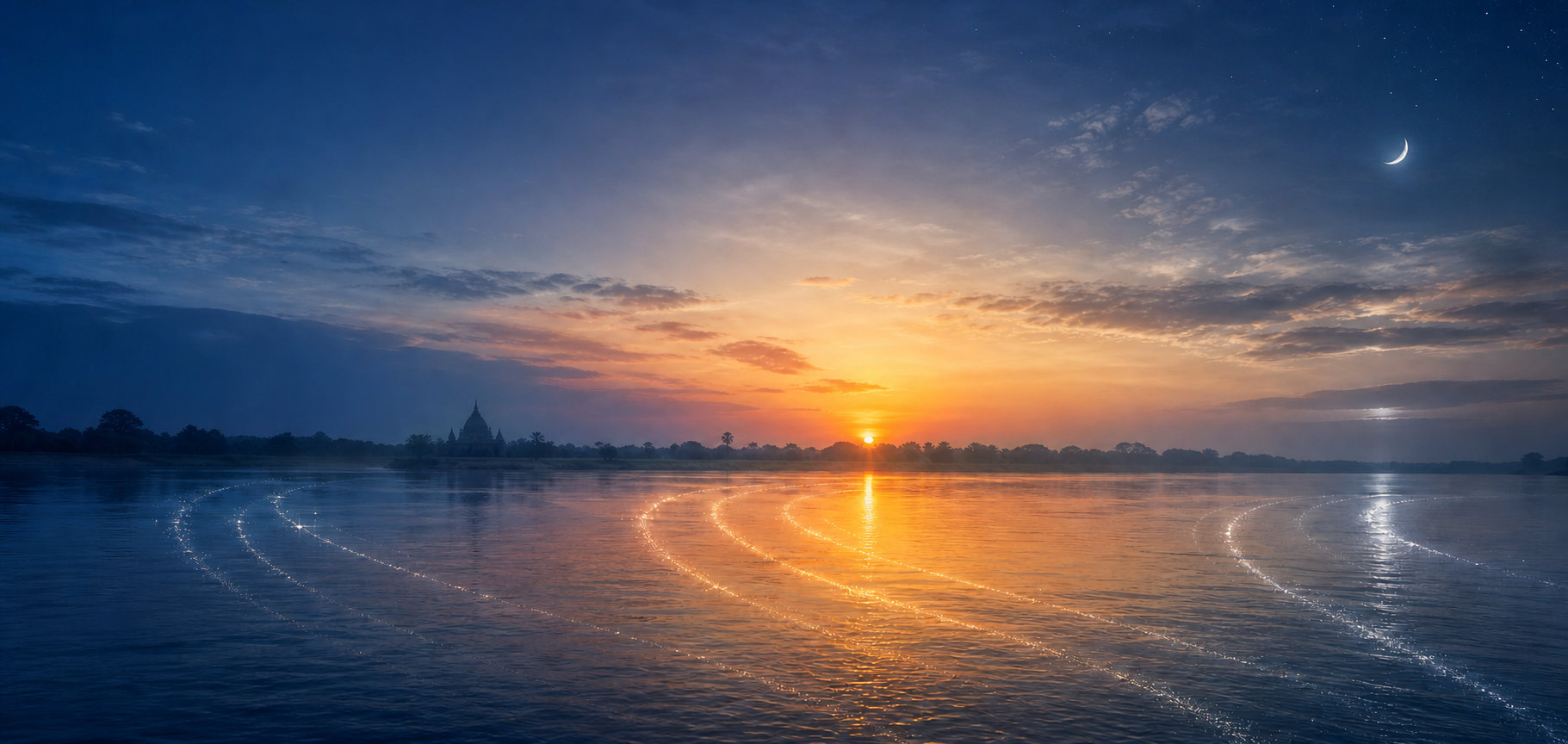 A riverside landscape transitions from predawn through sunrise to evening beneath a waxing moon, illustrating lunar timing passing across a civil day.