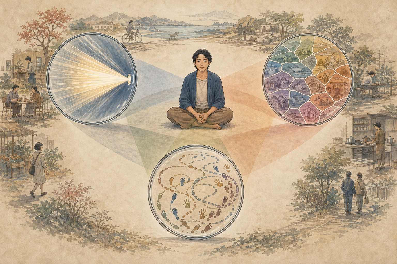 A seated person is surrounded by three equal translucent lenses showing narrowed light, divided compartments, and repeating trails of action.