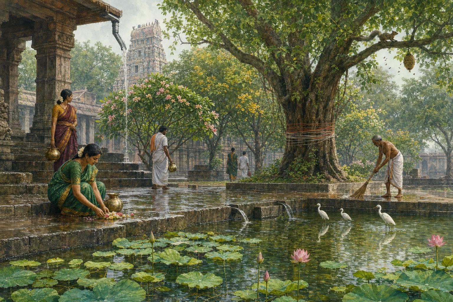 Temple tank with lotus leaves, birds, rainwater channels, devotees carrying water, a sacred tree, and a grove beside a South Indian temple.