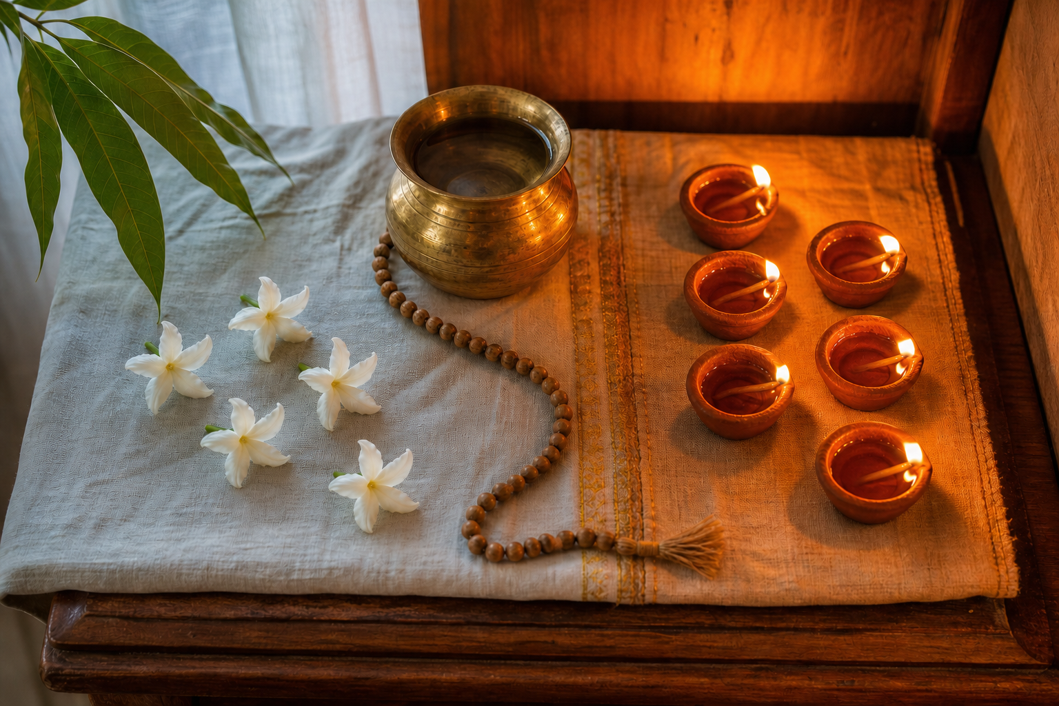 A household altar has five jasmine blossoms in morning light and six glowing clay lamps in warmer evening light, joined by prayer beads and a brass vessel.
