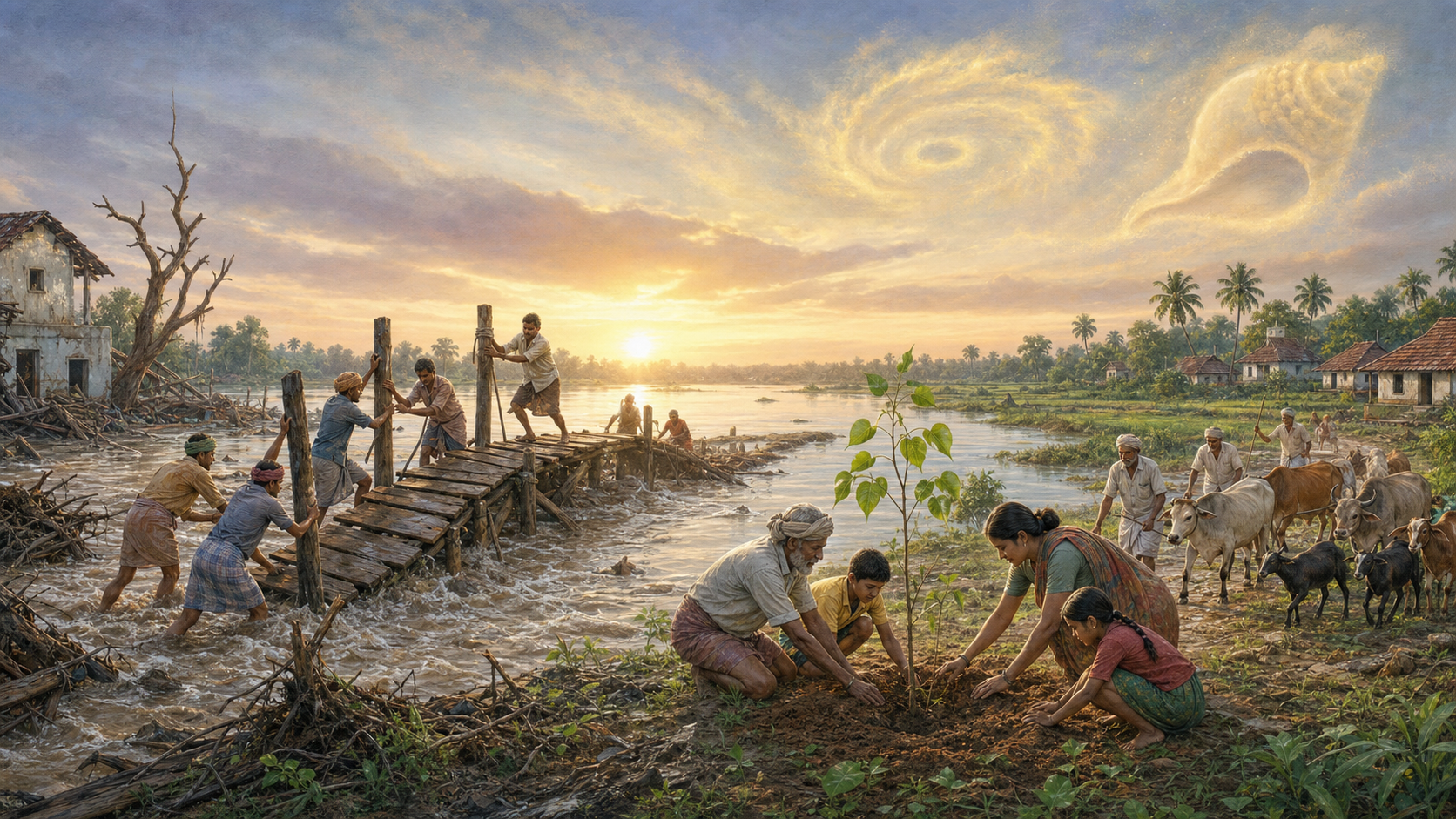 Villagers repair a bridge, rescue animals, and replant a tree beside a river after a flood, beneath faint conch and discus shapes in the clouds.