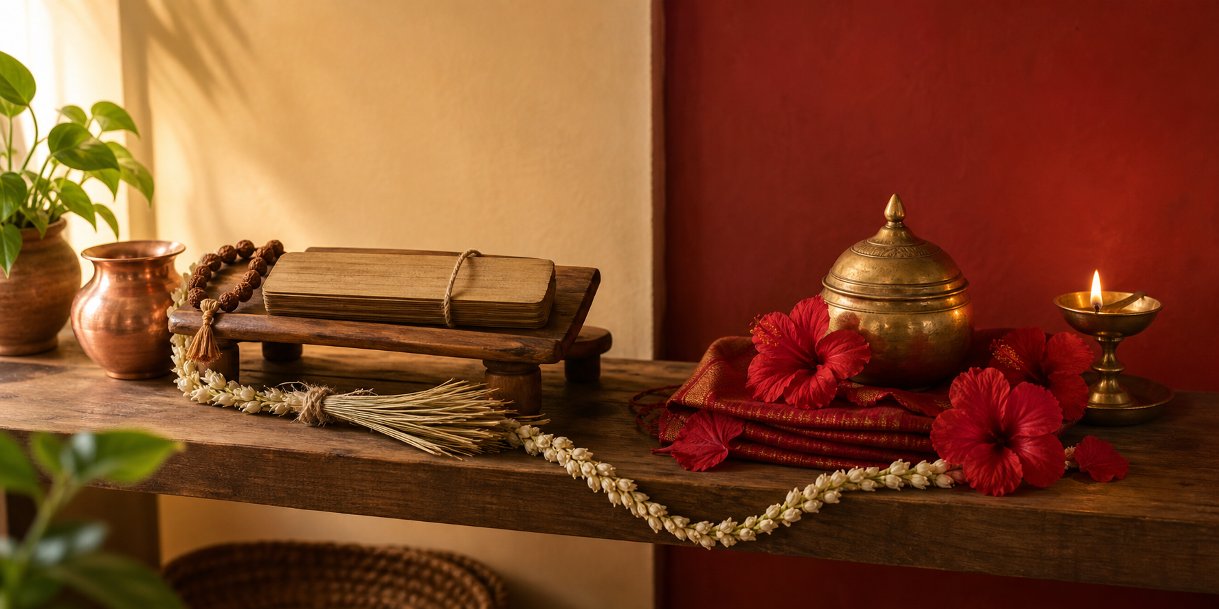 Two small household devotional arrangements share a wooden shelf, one with prayer beads and a copper pot and the other with red hibiscus flowers and an oil lamp.