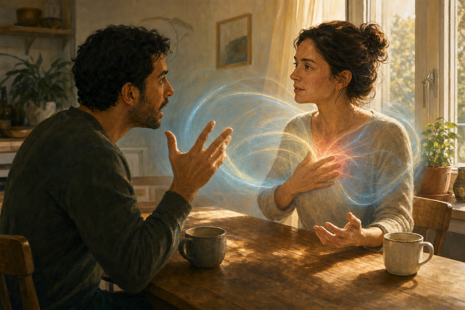 Two adults sit in a tense conversation while one pauses with an open hand and a tight red glow around the chest expands into clear light.
