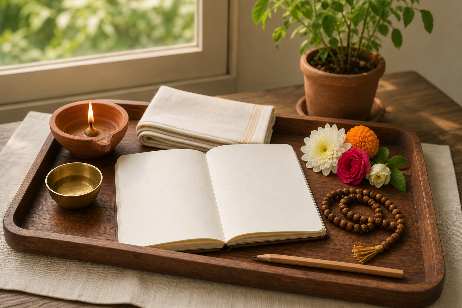 A simple daily practice tray holds a clay lamp, brass bowl, flowers, prayer beads, folded cloth, and a blank notebook beside a tulsi plant.