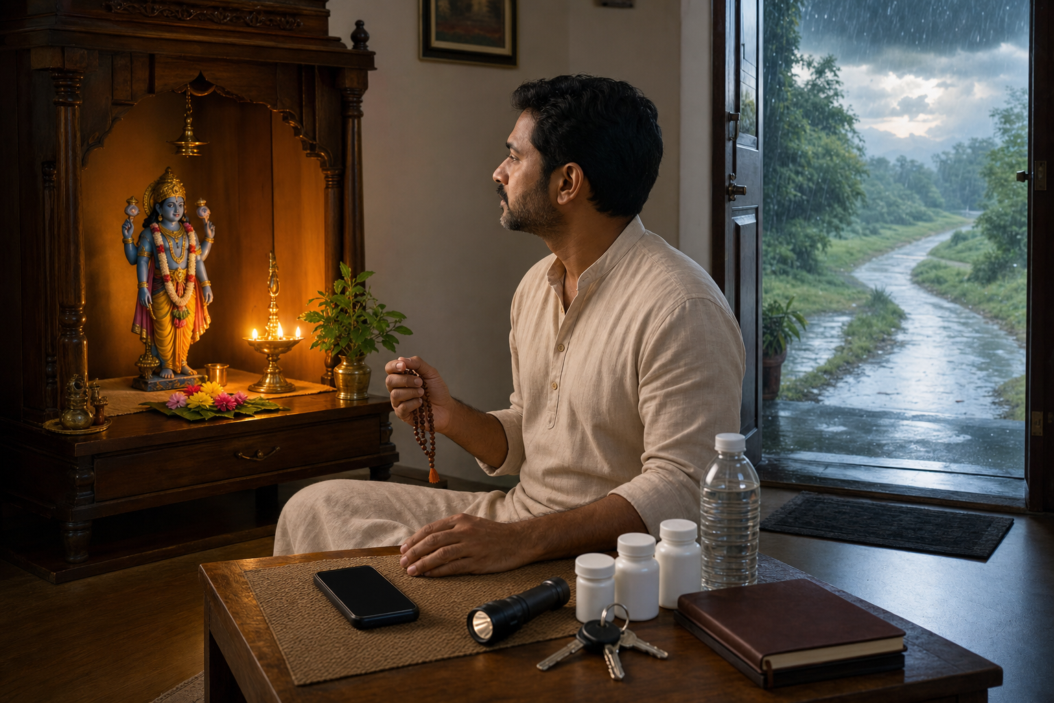 A devotee prays at a Vishnu shrine beside a phone, water, medicine, flashlight, keys, and notebook while rain clears beyond an open doorway.