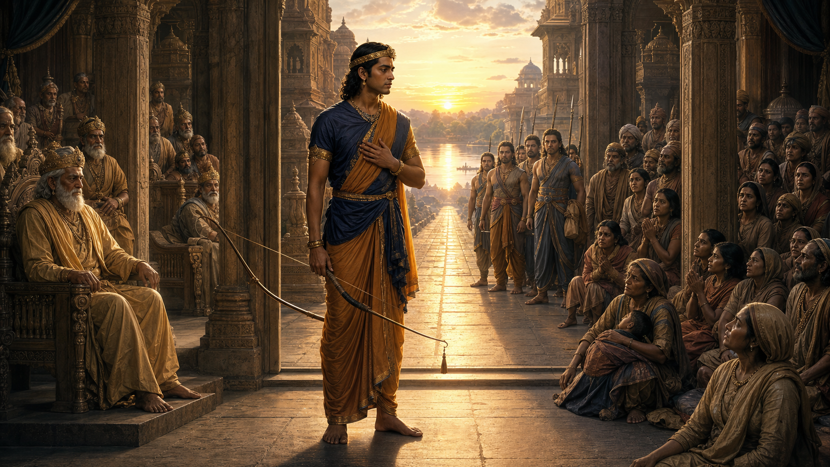 Rama stands thoughtfully with a lowered bow between waiting courtiers, distressed citizens, and armed companions in an ancient royal hall.