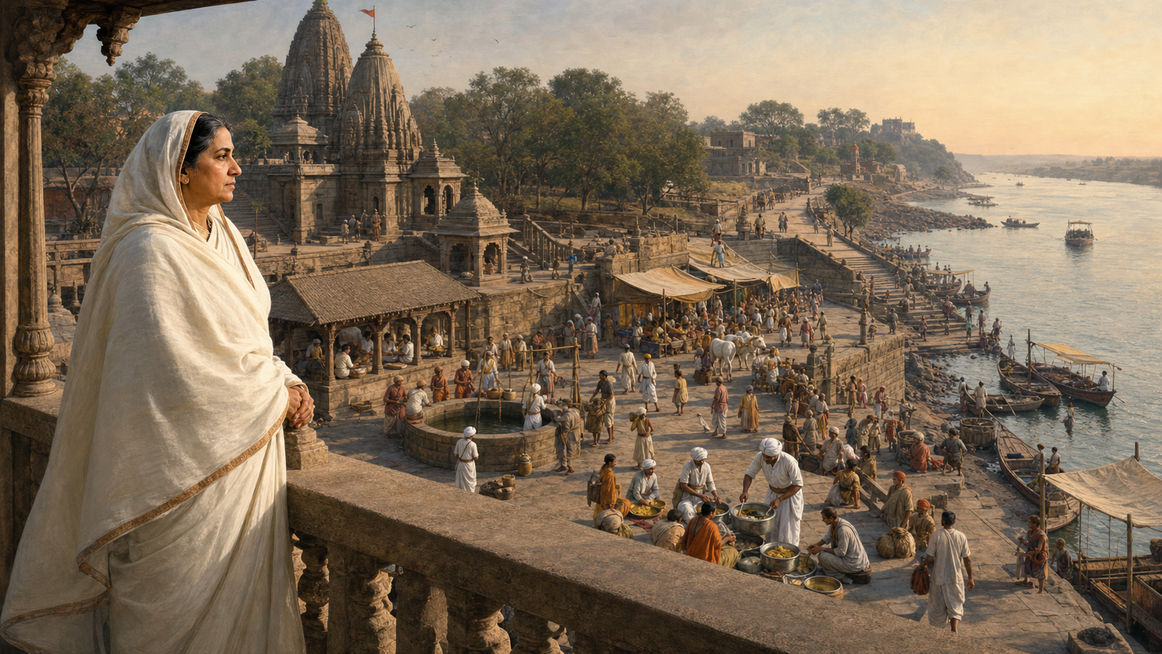 Ahilyabai Holkar overlooks Maheshwar's riverfront, where temples, ghats, a well, a rest house, a market and roads form a connected civic landscape.