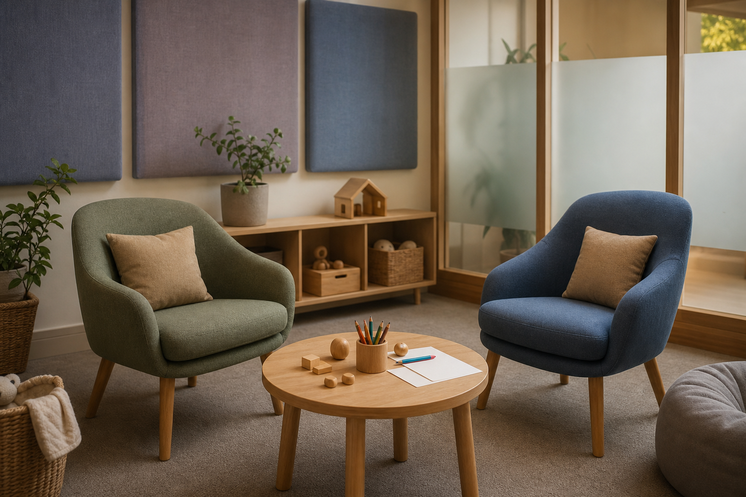 An empty child-friendly interview room with two chairs, a small table, toys, drawing materials, and soft natural light.