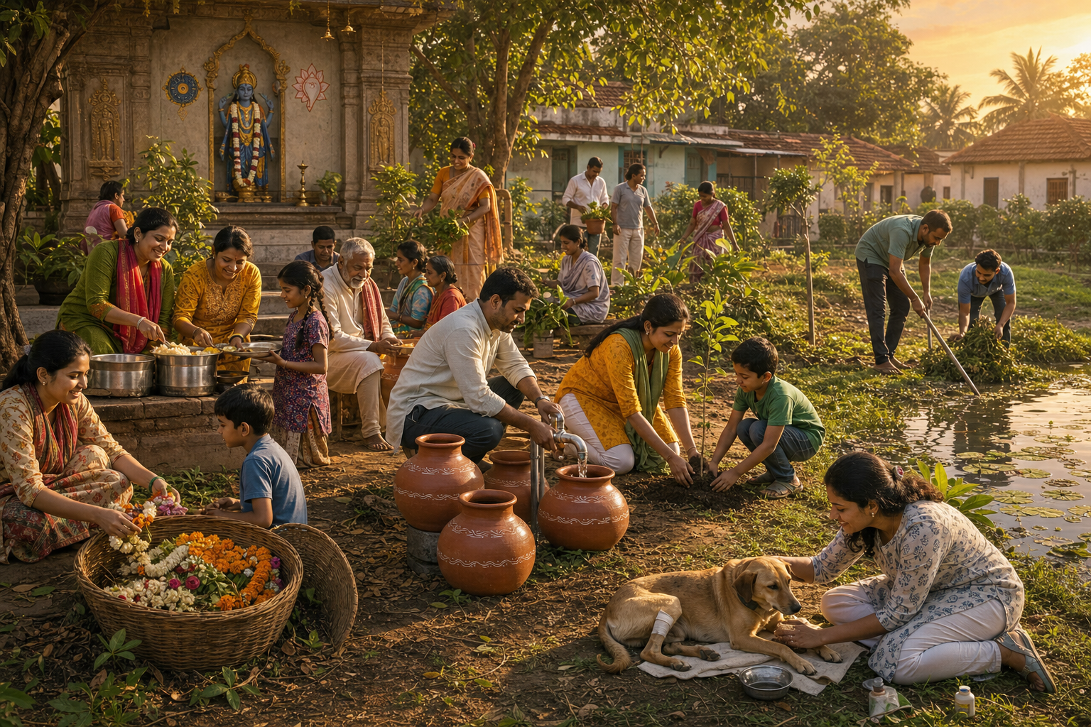 Volunteers serve food, provide water, plant trees, tend an animal, and clean a pond near a small Vishnu shrine.