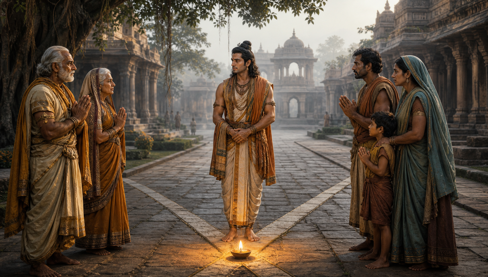 Rama listens to an elderly royal couple and a group of villagers where two paths meet in a palace courtyard.