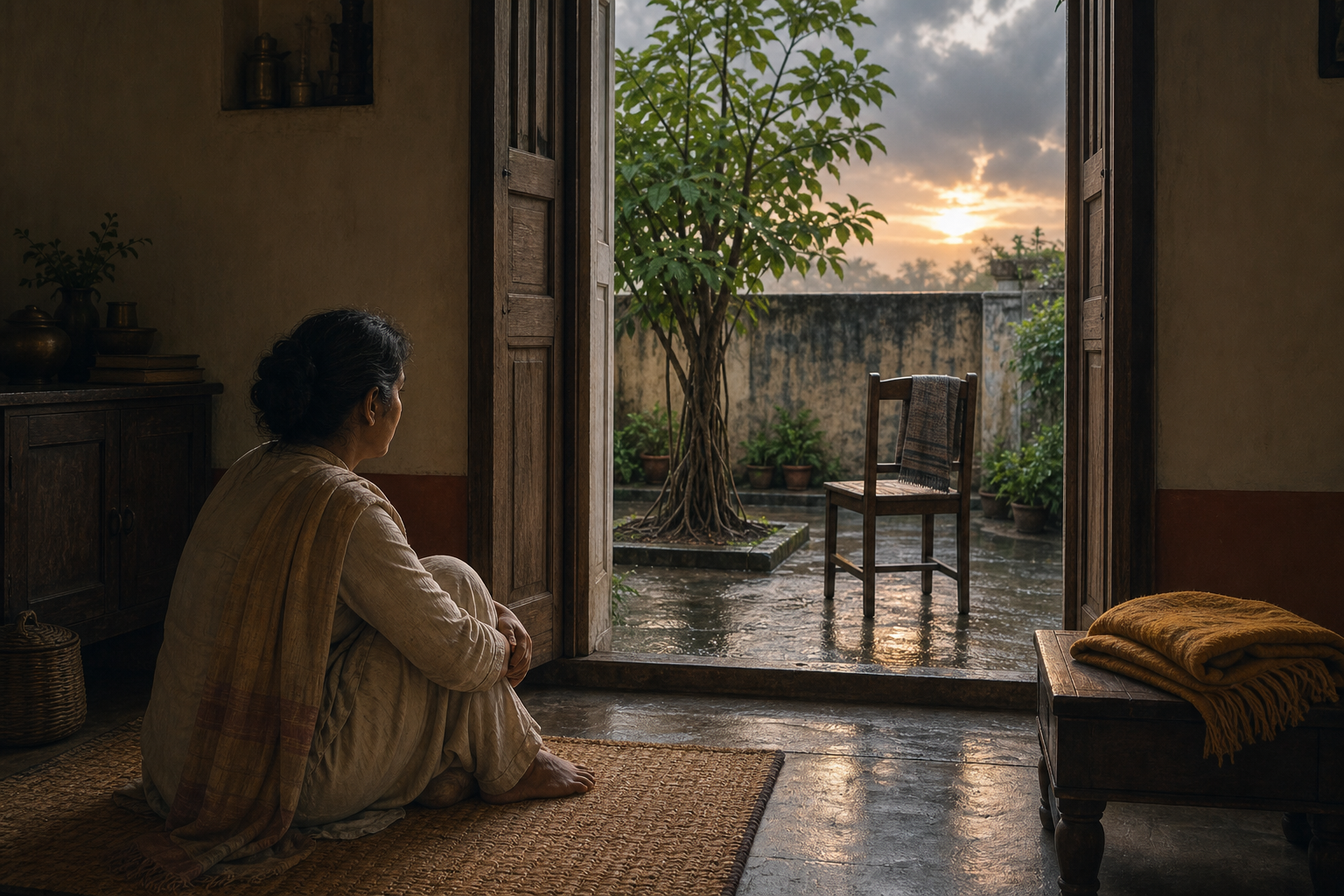 An adult sits on a woven mat near an empty chair and folded shawl as dawn light enters through an open doorway.