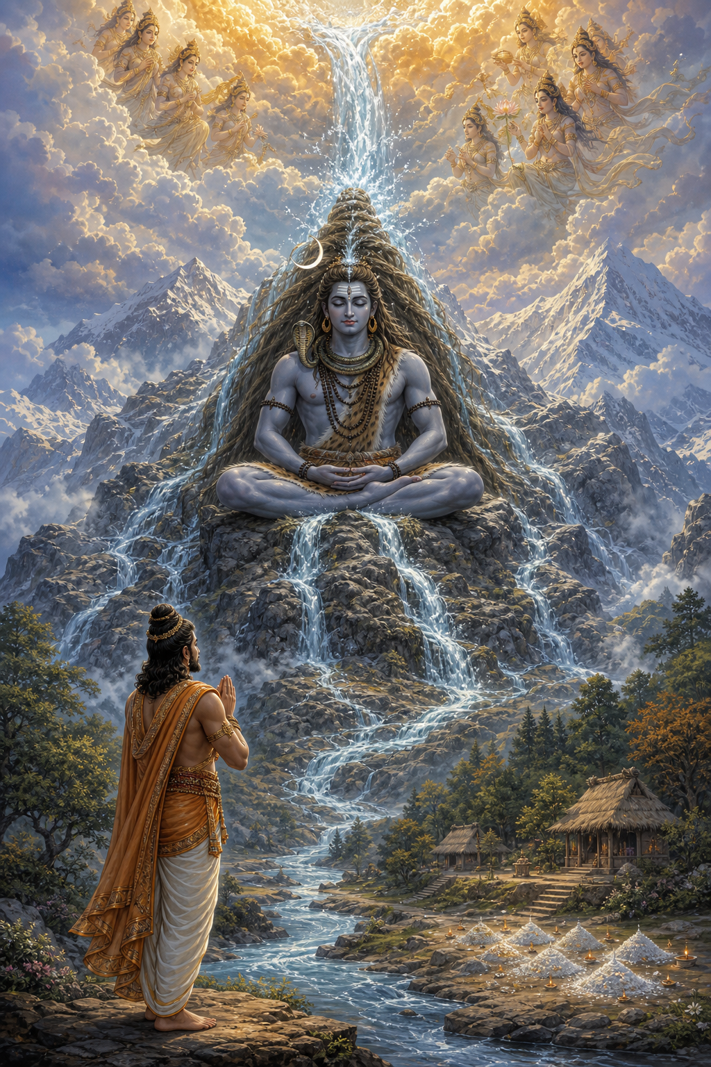Ganga descends from the heavens into Shiva's matted hair before flowing past the praying Bhagiratha toward ancestral ashes below.